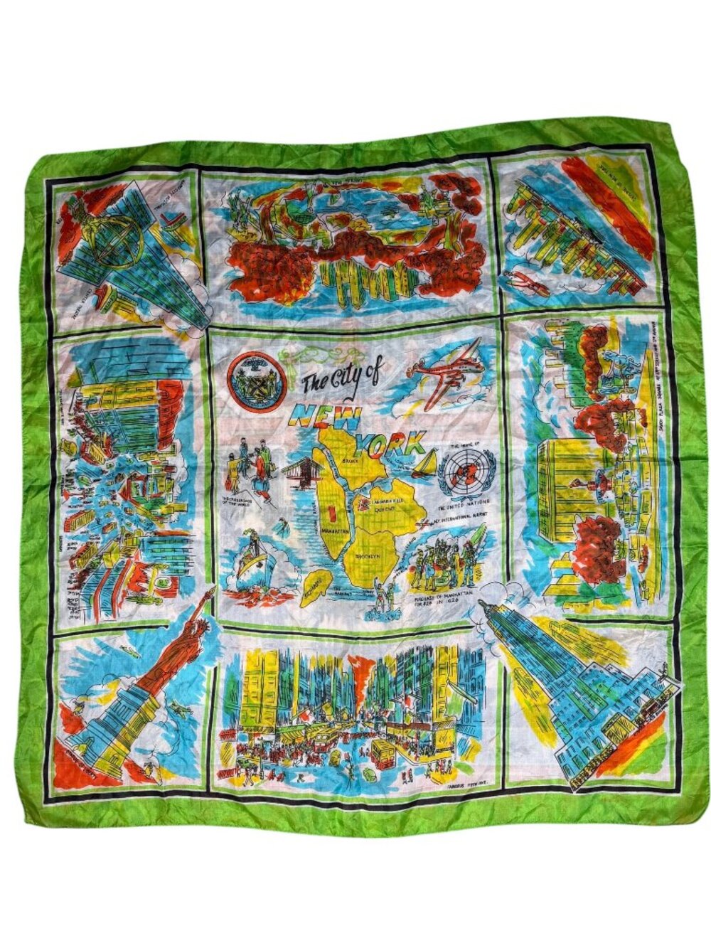 Vintage 1950s New York City Pure Silk Hand Screen Printed Souvenir Scarf